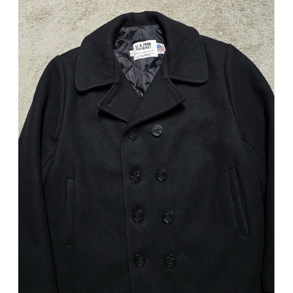Schott U.S. 740N Pea Jacket Mens 46 Black Wool Navy Peacoat Made USA Winter Coat - Picture 4 of 16